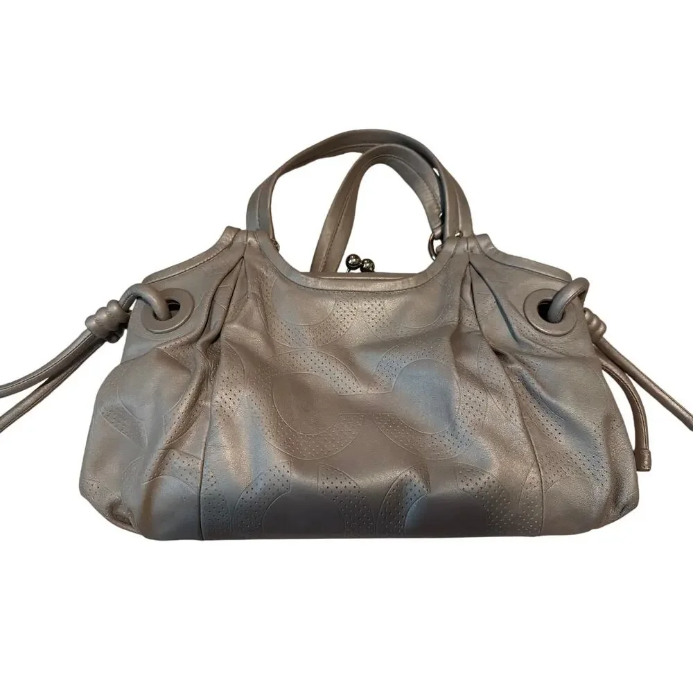 Coach Parker Perforated Gray Leather Kiss-Lock Satchel Tote 13611